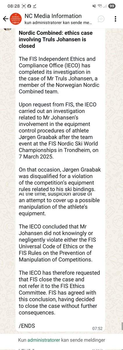 Kombinertlandslagers landslagssjef Truls Johansen er frikjent for beskyldninger om å vise fram feil ski med vilje.