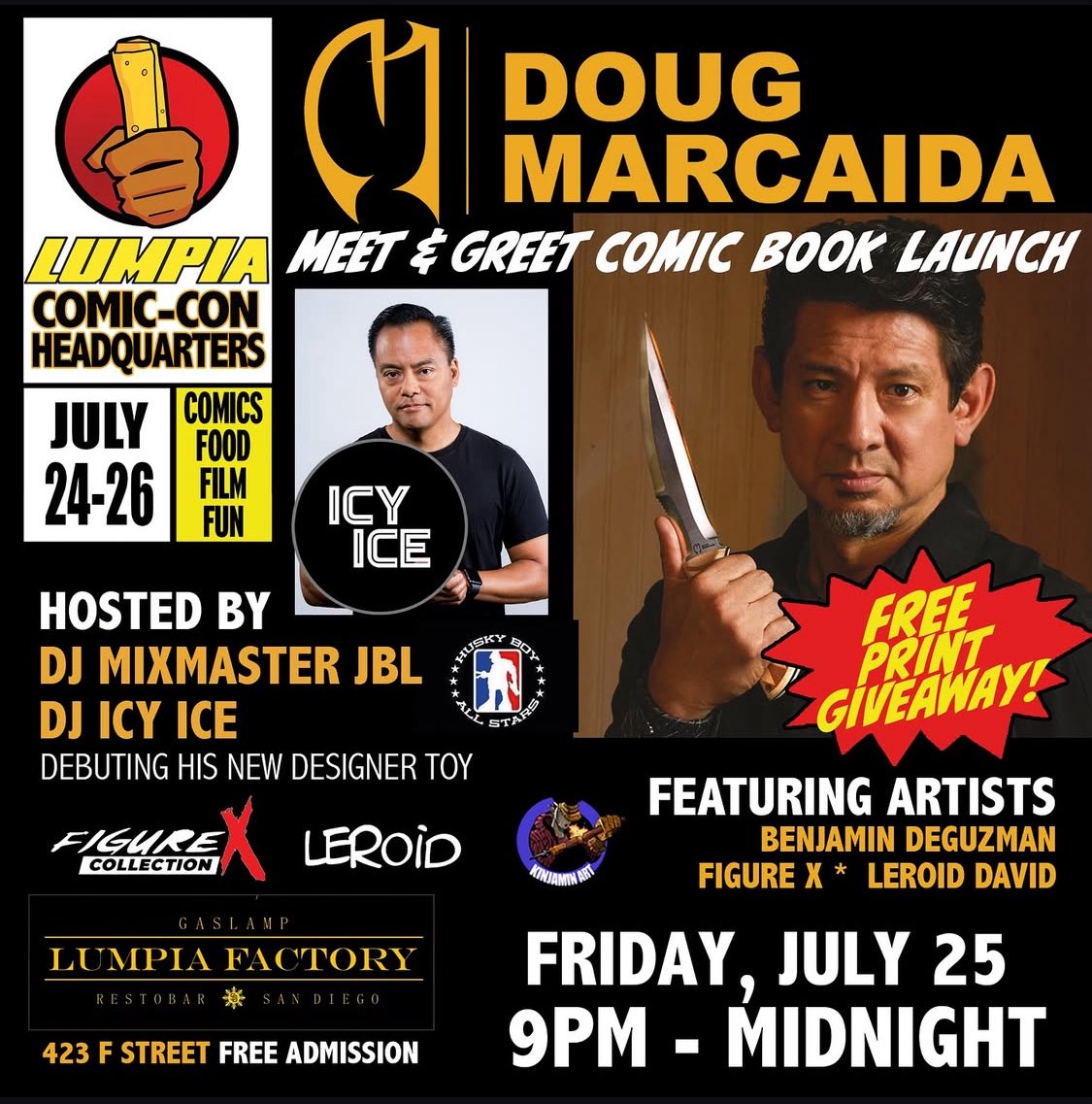 LeRoid's tweet image. #SDCC here I come! Back again with the @kidheroes fam! Catch me Friday at booth K-14 Small Press and late night at Gaslamp Lumpia Factory on 423 F St. Thanks for loving that LUMPIA! #leroidart