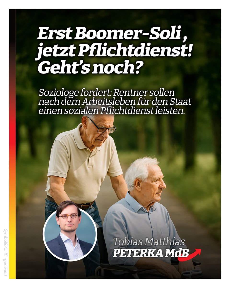 TobiasMPeterka's tweet image. Erst Boomer-Soli, jetzt Pflichtdienst im Alter? Der Soziologe Hurrelmann (81) will fitte Senioren zum sozialen Dienst verpflichten. Eine Generation, die gearbeitet, Steuern gezahlt und oft Wehrdienst geleistet hat, soll sich nun „rechtfertigen“. #BoomerSoli #Pflichtdienst