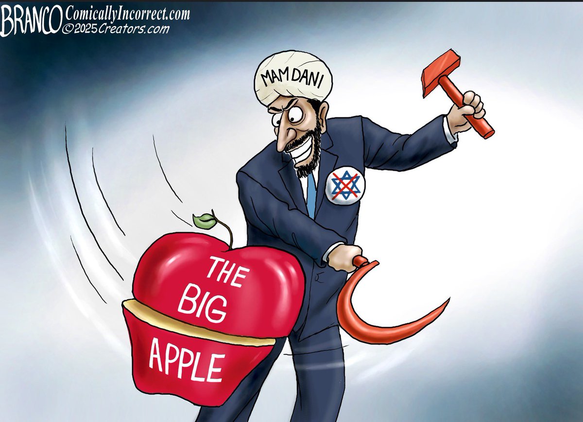 AdamMilstein's tweet image. Zohran Mamdani’s far left extremism, including his antisemitic views, have the potential to destroy New York City. He represents a growing threat to American values, values that built NYC. This cartoon says it all: are New Yorkers really going to let him tear the Big Apple apart?