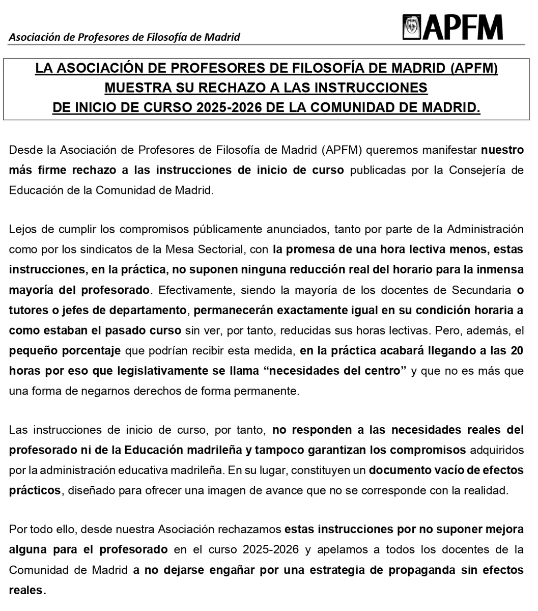 La APFM rechaza las Instrucciones de Principio de Curso por no suponer mejora alguna para el profesorado. Por ello, apelamos a todos los docentes a no dejarse engañar por una propaganda sin efectos reales sobre la reducción de horas lectivas.
👇👇👇
profesoresfilosofia.es/wp-content/upl…