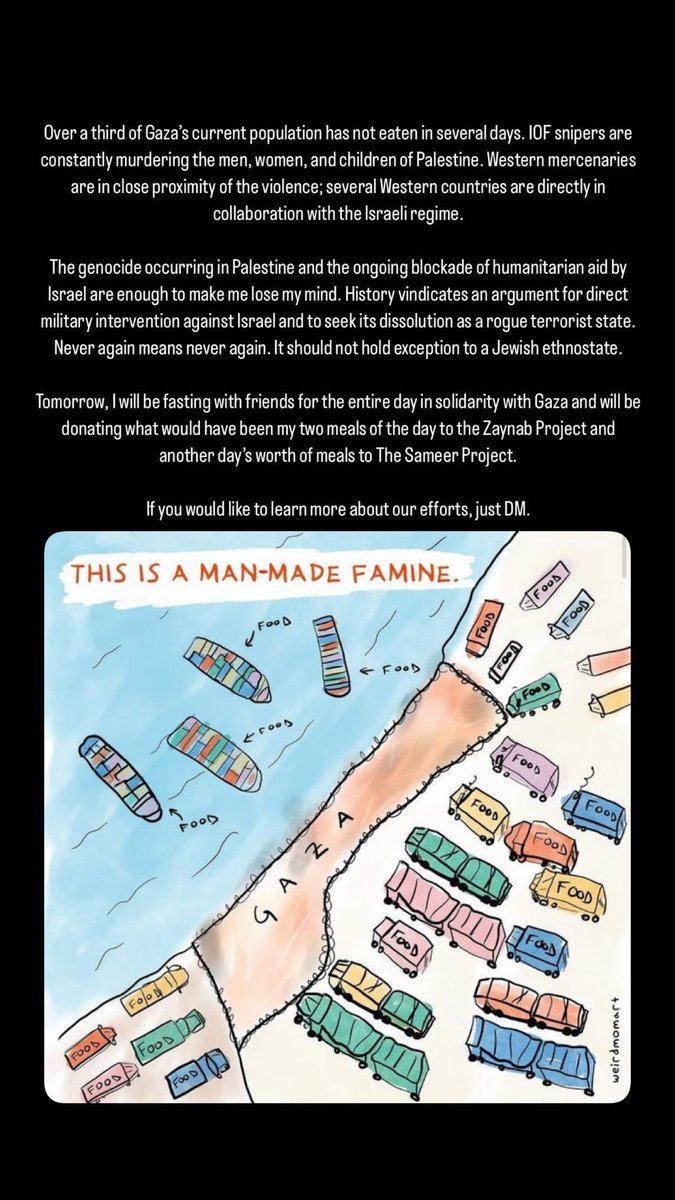 loficlimate's tweet image. In solidarity with Gaza, I will be fasting tomorrow and donating what would have been a day’s worth of meals to the Zaynab Project and another day’s worth of meals to the Sameer Project.