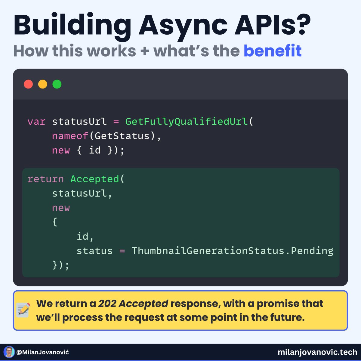 mjovanovictech's tweet image. The right way to build ASYNC APIs in .NET.
Most APIs follow a simple pattern:
- The client sends a request
- The server does some work
- The server sends back a response
This works well for fast operations, like fetching data or simple updates.
But what about long-lasting…