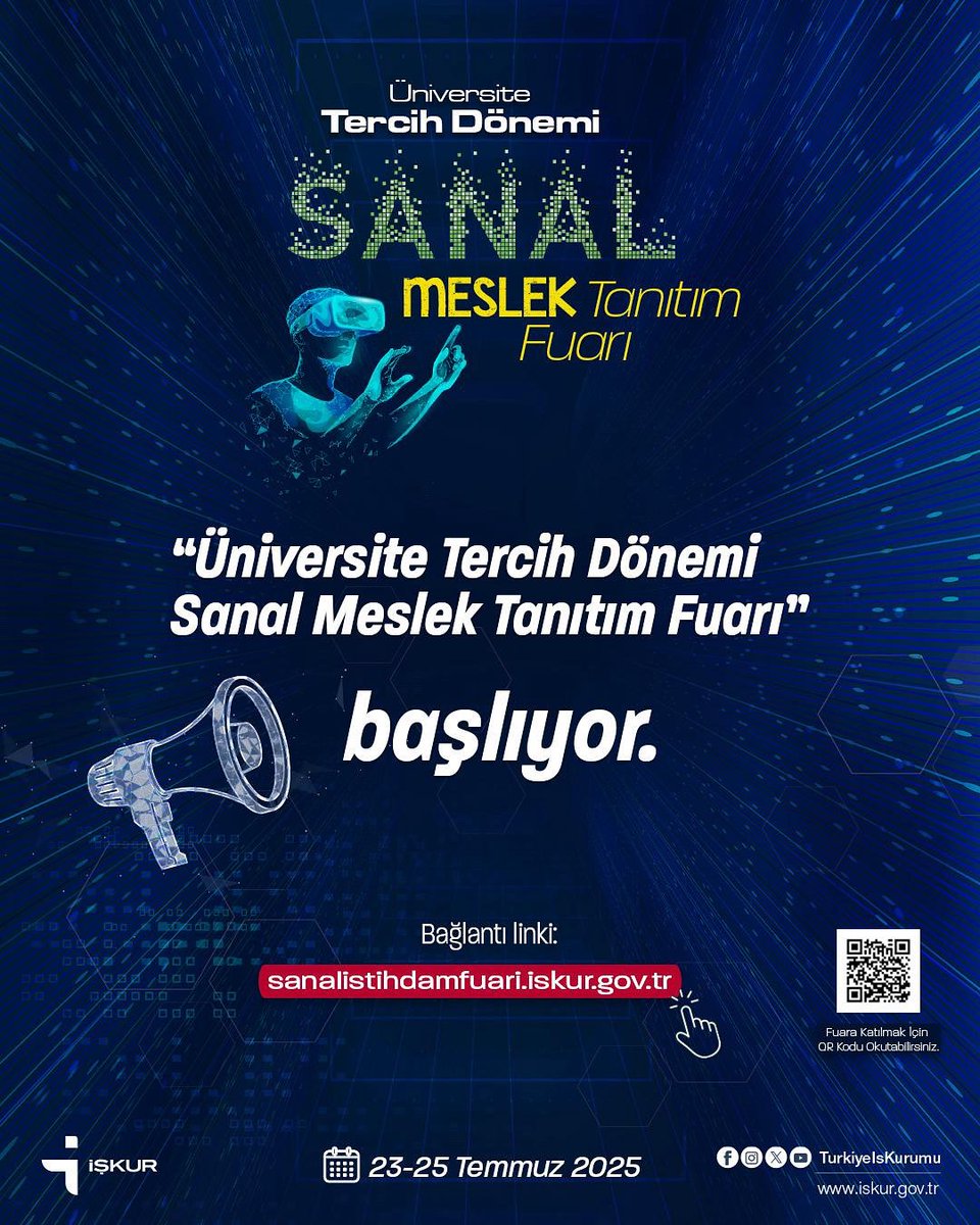 İŞKUR (@turkiyeiskurumu) on Twitter photo 📢Üniversite tercihi yapacak gençlerimiz için düzenlediğimiz Sanal Meslek Tanıtım Fuarı Başlıyor!
🗓️23-25 Temmuz 2025
🕙10.00-17.00
💻 Etkinliğimize ücretsiz katılmak için:
👉 sanalistihdamfuari.iskur.gov.tr
#TercihDönemi
#YKS
#SanalFuar 📢Üniversite tercihi yapacak gençlerimiz için düzenlediğimiz Sanal Meslek Tanıtım Fuarı Başlıyor!
🗓️23-25 Temmuz 2025
🕙10.00-17.00
💻 Etkinliğimize ücretsiz katılmak için:
👉 sanalistihdamfuari.iskur.gov.tr
#TercihDönemi
#YKS
#SanalFuar