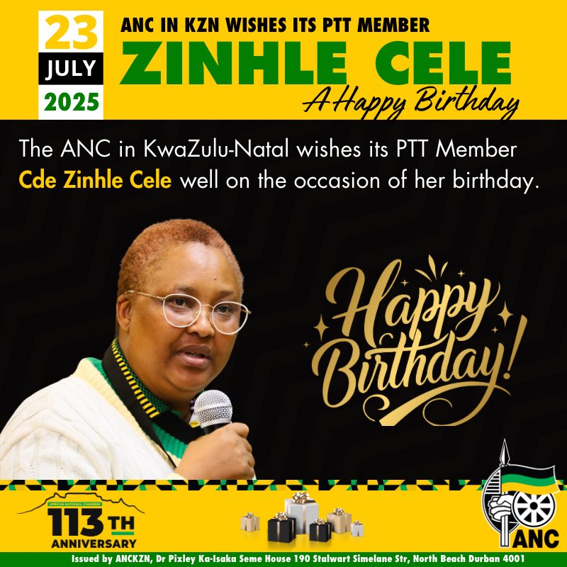 ANCKZN's tweet image. The ANC in KZN wishes its PTT Member Cde Zinhle Cele well on the occasion of her birthday.🎂
#ANCAtWork