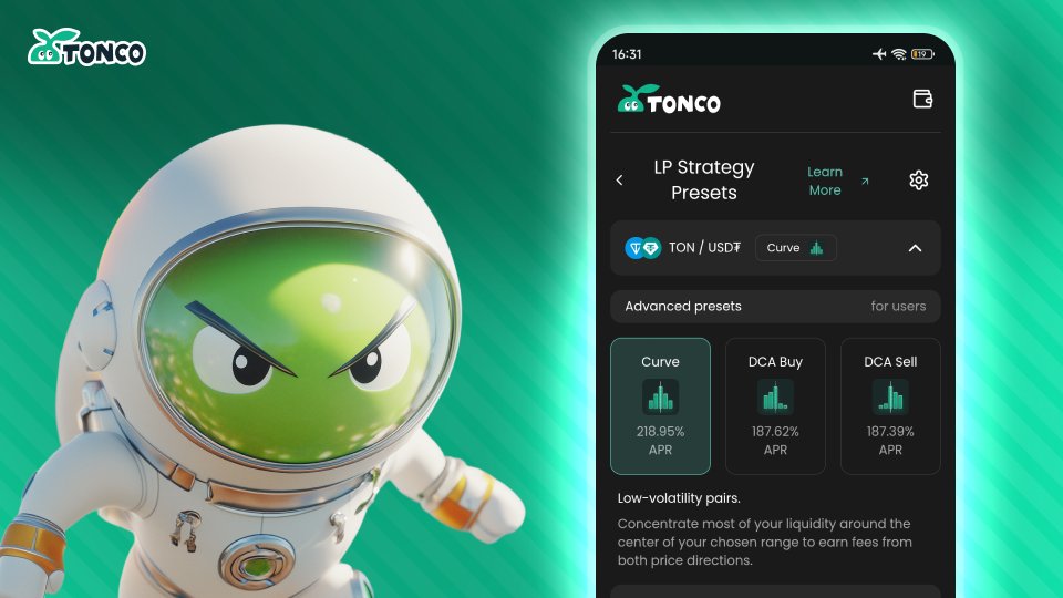 Tonco_io's tweet image. 🧵 Unlock Pro-Level LP Strategies on TONCO
Ready to go beyond basic liquidity?
TONCO's Advanced LP Strategy Presets offer battle-tested templates designed for higher returns with concentrated liquidity — whether you're passively farming or managing a token launch on $TON.
But…