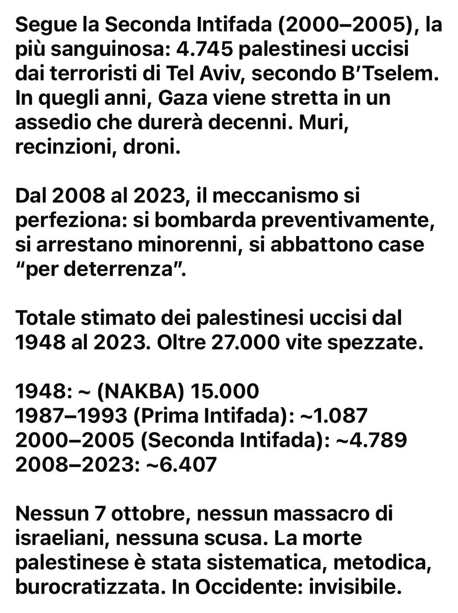 streetcnina's tweet image. VENTISETTEMILA
Prima del 7 ottobre, non c’era pace. C’era occupazione. Non c’era coesistenza.
C’era apartheid.
E chi oggi riscopre l’orrore solo quando a morire sono gli israeliani, dovrebbe guardarsi nello specchio delle cifre.
#Gaza
#GazaStarving