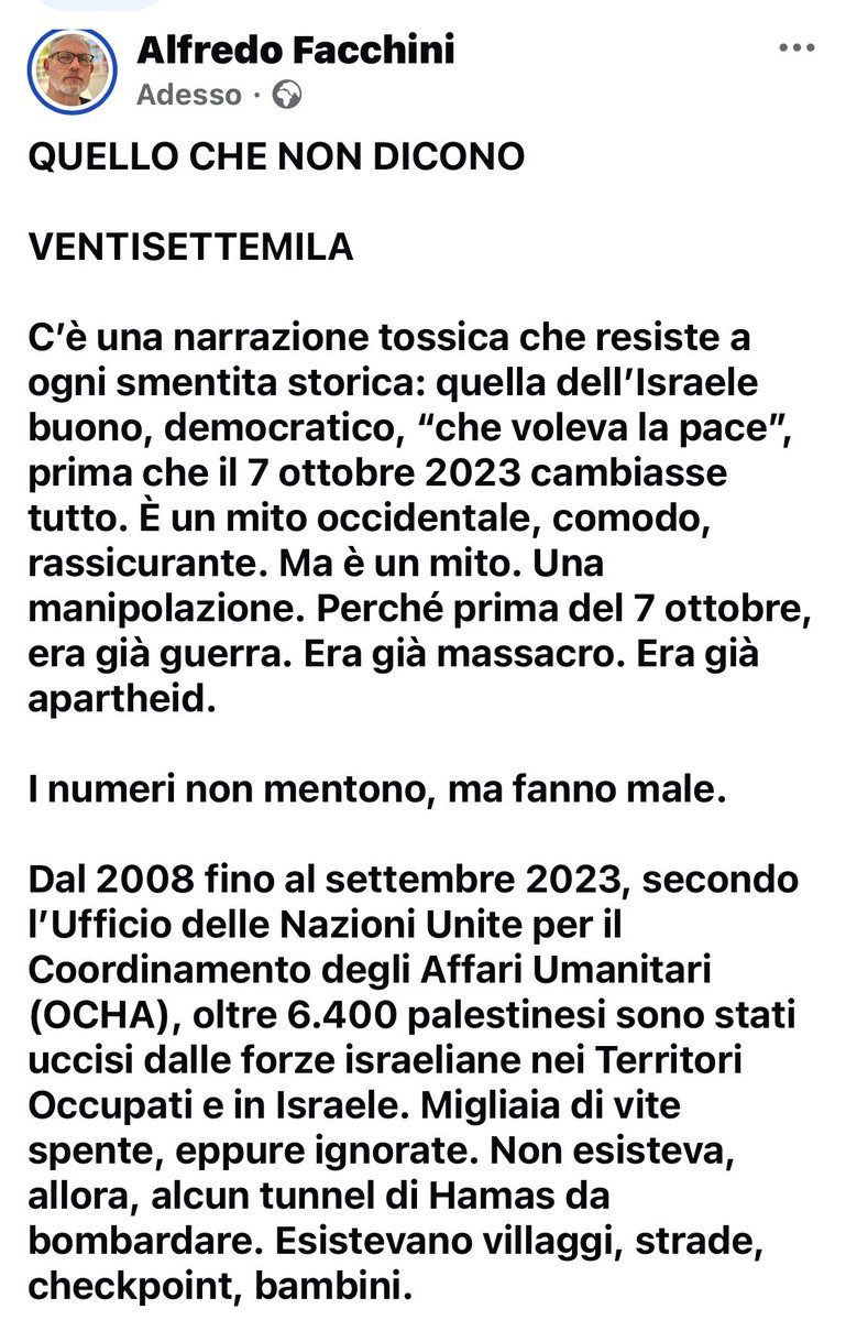 streetcnina's tweet image. VENTISETTEMILA
Prima del 7 ottobre, non c’era pace. C’era occupazione. Non c’era coesistenza.
C’era apartheid.
E chi oggi riscopre l’orrore solo quando a morire sono gli israeliani, dovrebbe guardarsi nello specchio delle cifre.
#Gaza
#GazaStarving
