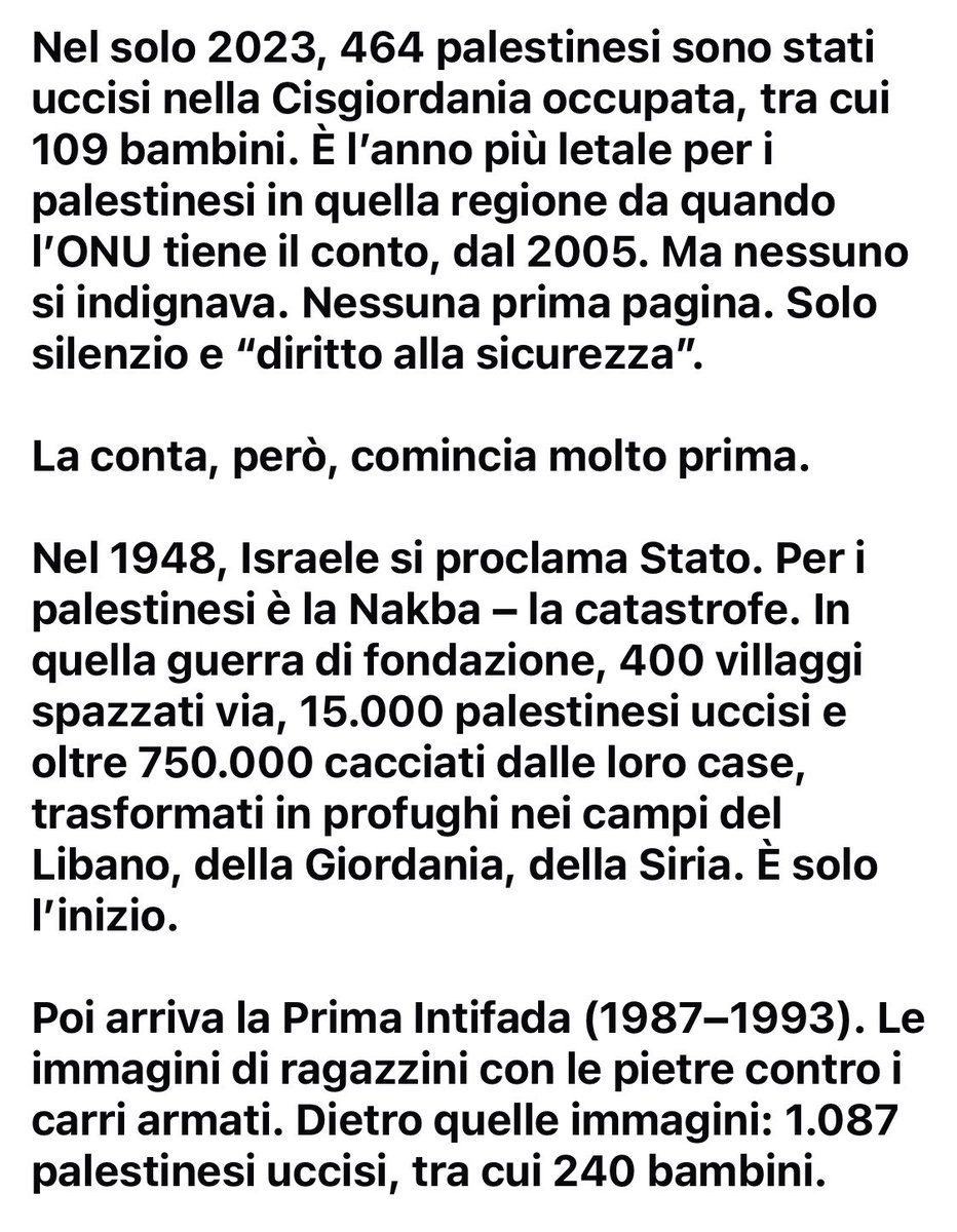 streetcnina's tweet image. VENTISETTEMILA
Prima del 7 ottobre, non c’era pace. C’era occupazione. Non c’era coesistenza.
C’era apartheid.
E chi oggi riscopre l’orrore solo quando a morire sono gli israeliani, dovrebbe guardarsi nello specchio delle cifre.
#Gaza
#GazaStarving