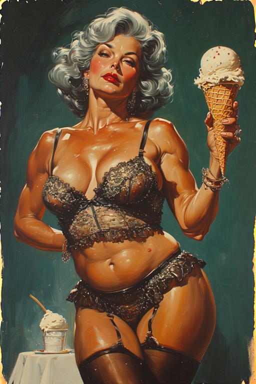 LafeLong's tweet image. The milves of July. 
DAIly AI pAInting experiments.

023 - National Gorgeous Grandma Day AND National Vanilla Ice Cream Day AND Sprinkle Day AND Hot Enough For Ya Day

#pAIntings #AIart #PinUps