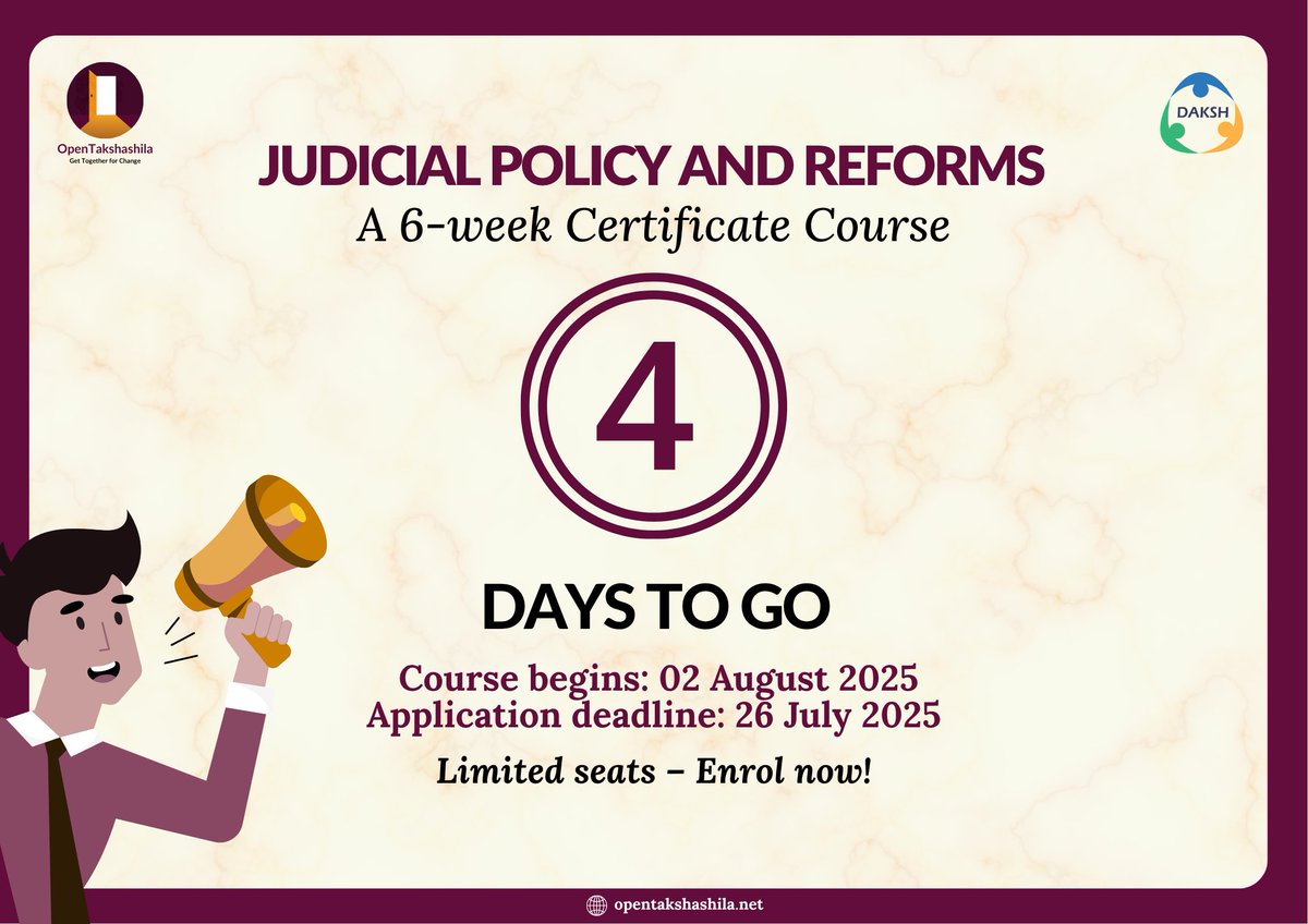 TakshashilaInst's tweet image. Exciting new course on OpenTakshashila!
Apply today and join the network to drive judicial change. For more information: opentakshashila.net/spaces/1980643…
@daksh_india