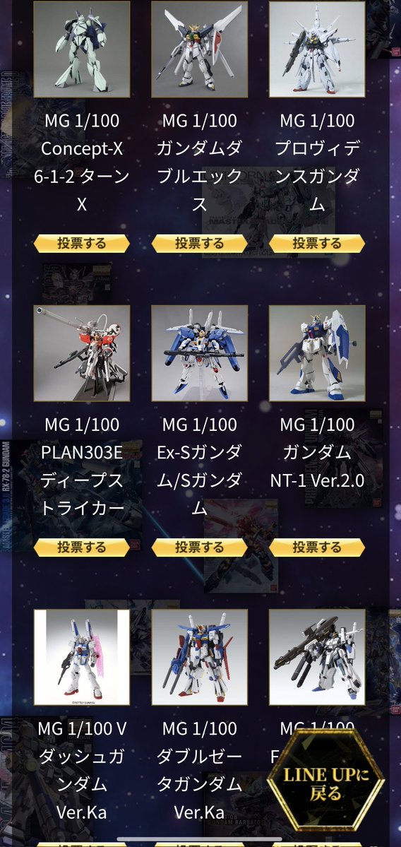 HobbyClubhouse's tweet image. The top 20 MG kits from the preliminary round of votes are up and you can now vote for your favorite among the finalists
Turn X is there so many of you guys will be really happy
bandai-hobby.net/site/mg_kessen…