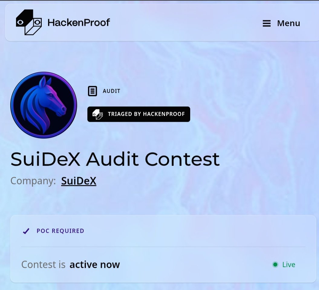 Stack_Meridian's tweet image. 🚨 SuiDex Audit Contest — Final Week Begins
Two weeks down, and the response to the SuiDex audit on HackenProof has been incredible. 🚀
Giving bounty hunters one last opportunity to dive in before the contest wraps.
Let’s finish strong. 💪
Audit Contest: hackenproof.com/audit-programs…