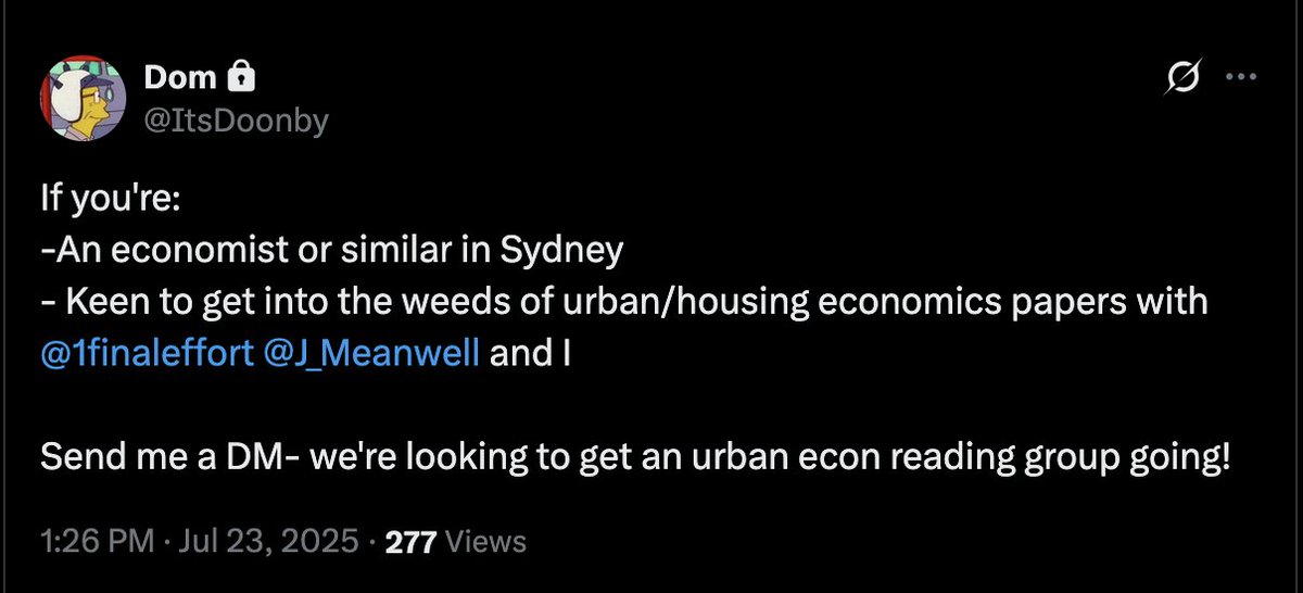 We've got the makings of a Sydney-based urban/housing economics reading group in the works! Get in touch with any of us if you're interested.