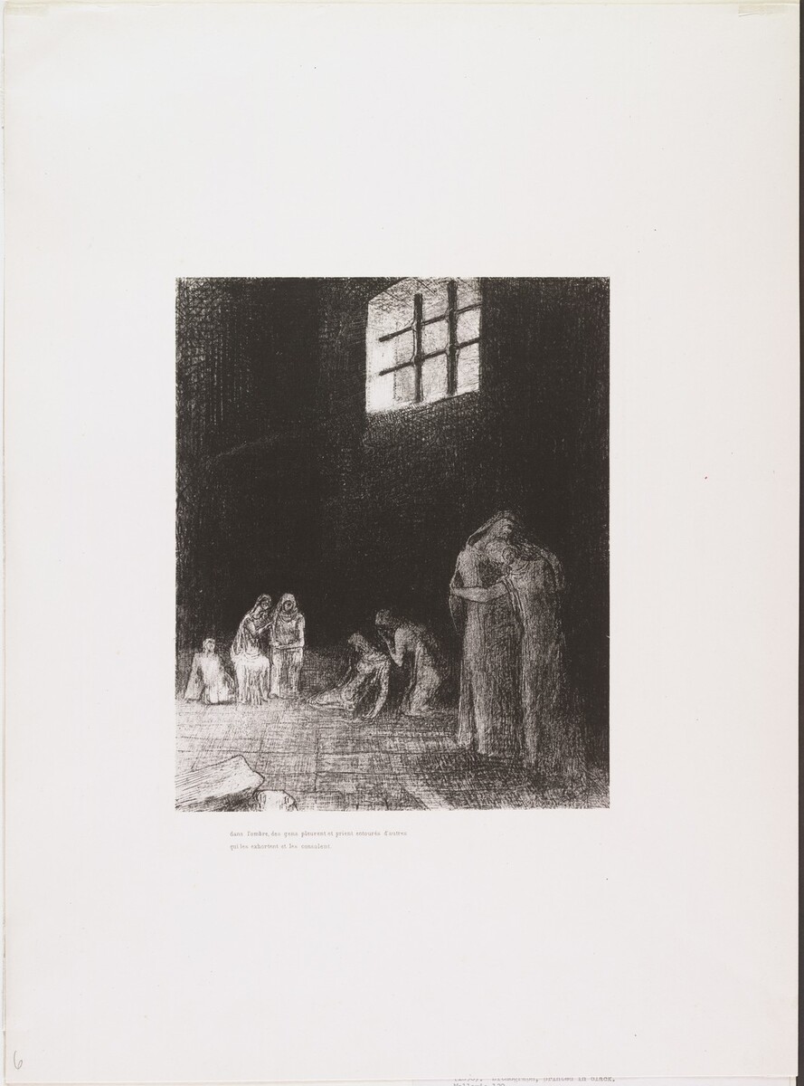 redonart's tweet image. In the Shadows Are People, Weeping and Praying, Surrounded by Others Who Are Exhorting Them . . . (Dans l'ombre des gens pleurent et prient entourés d'autres qui les exhortent . . .) from The Temptation of Saint Anthony (La Tentation de Saint-Antoine) #artbots #redon