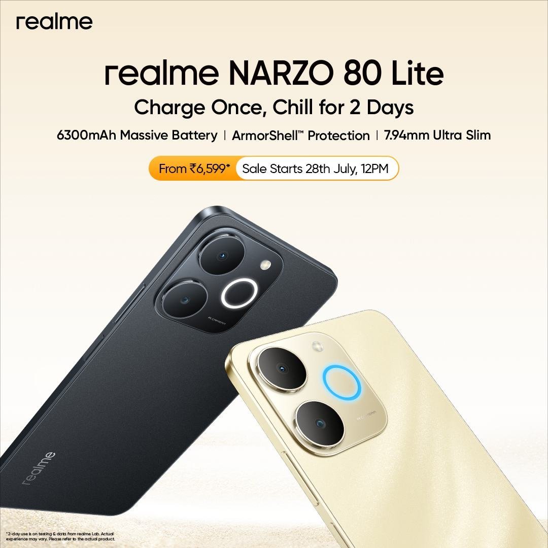 ProTechVillage1's tweet image. 📢 Realme Narzo 80 Lite 4G launched in India at just ₹6,599 (with offers)! 🔥

🔋 6300mAh Battery | ⚡ 15W Charging
📸 13MP Camera
📱 90Hz HD+ Display
📦 4GB+64GB / 4GB+128GB variants

A strong option in entry-level segment?
#Narzo80Lite #realmeNarzo #BudgetPhone
