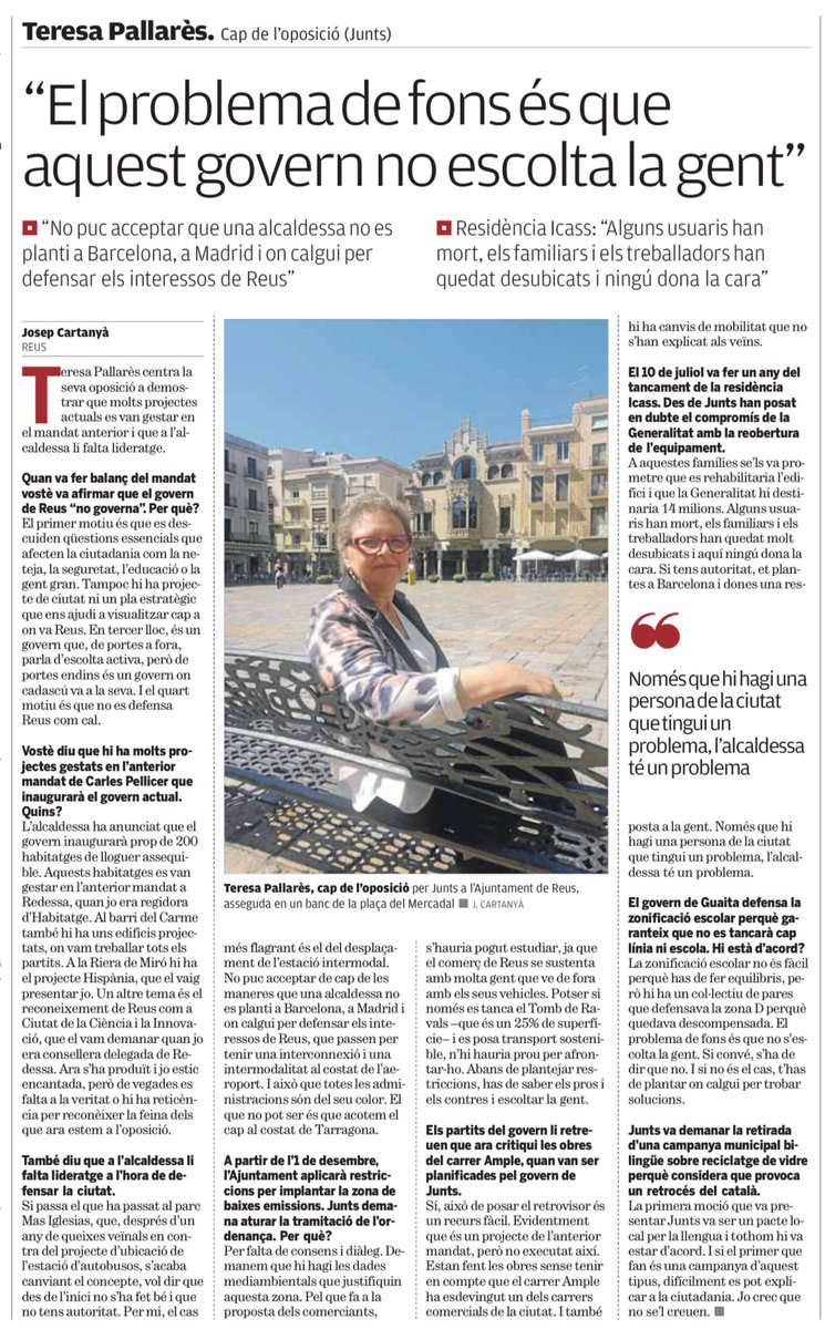 Juntsmunicipis's tweet image. “El problema de fons és que aquest govern no escolta la gent” llegeix tota l’entrevista que @elpuntavui li han fet a la nostra cap de llista a Reus @mtpallares