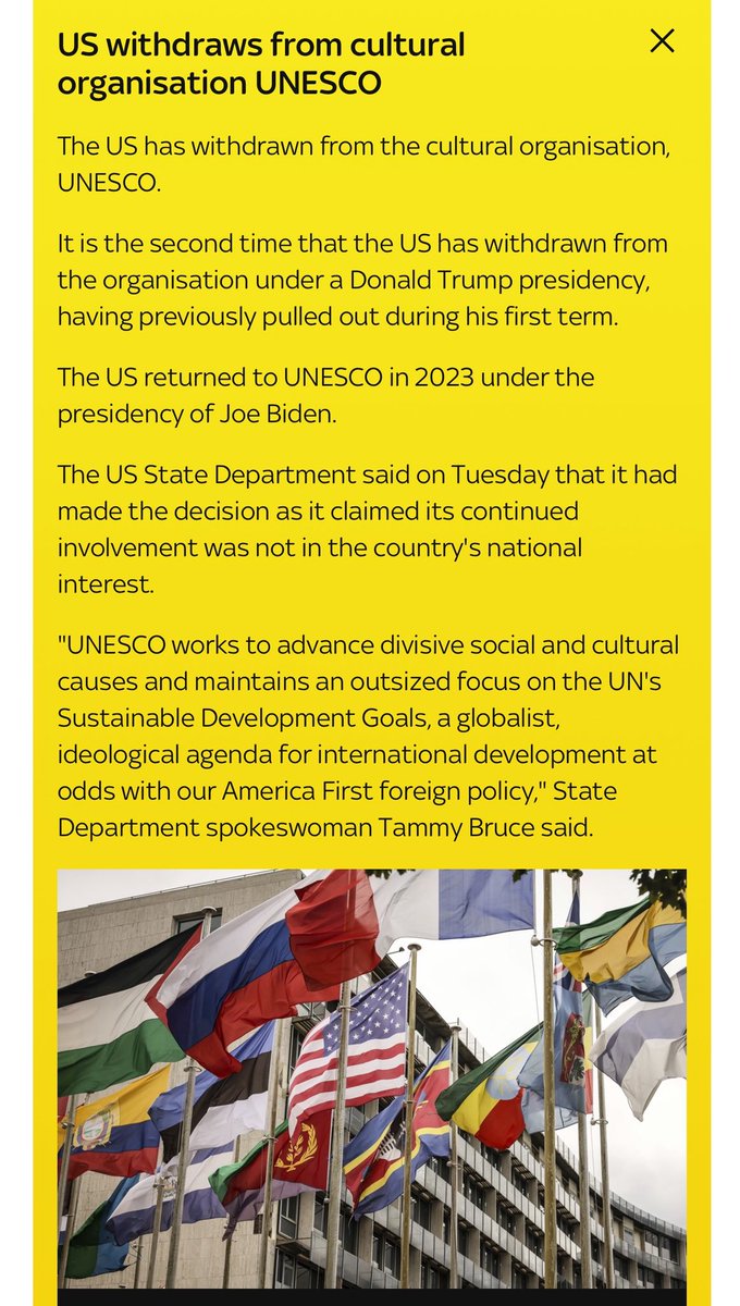 Artemisfornow's tweet image. UN - The US has pulled out of UNESCO. Saying…
“UNESCO works to advance divisive social and cultural causes and maintains an outsized focus on the UN's Sustainable Development Goals, a globalist, ideological agenda for international development at odds with our America First…
