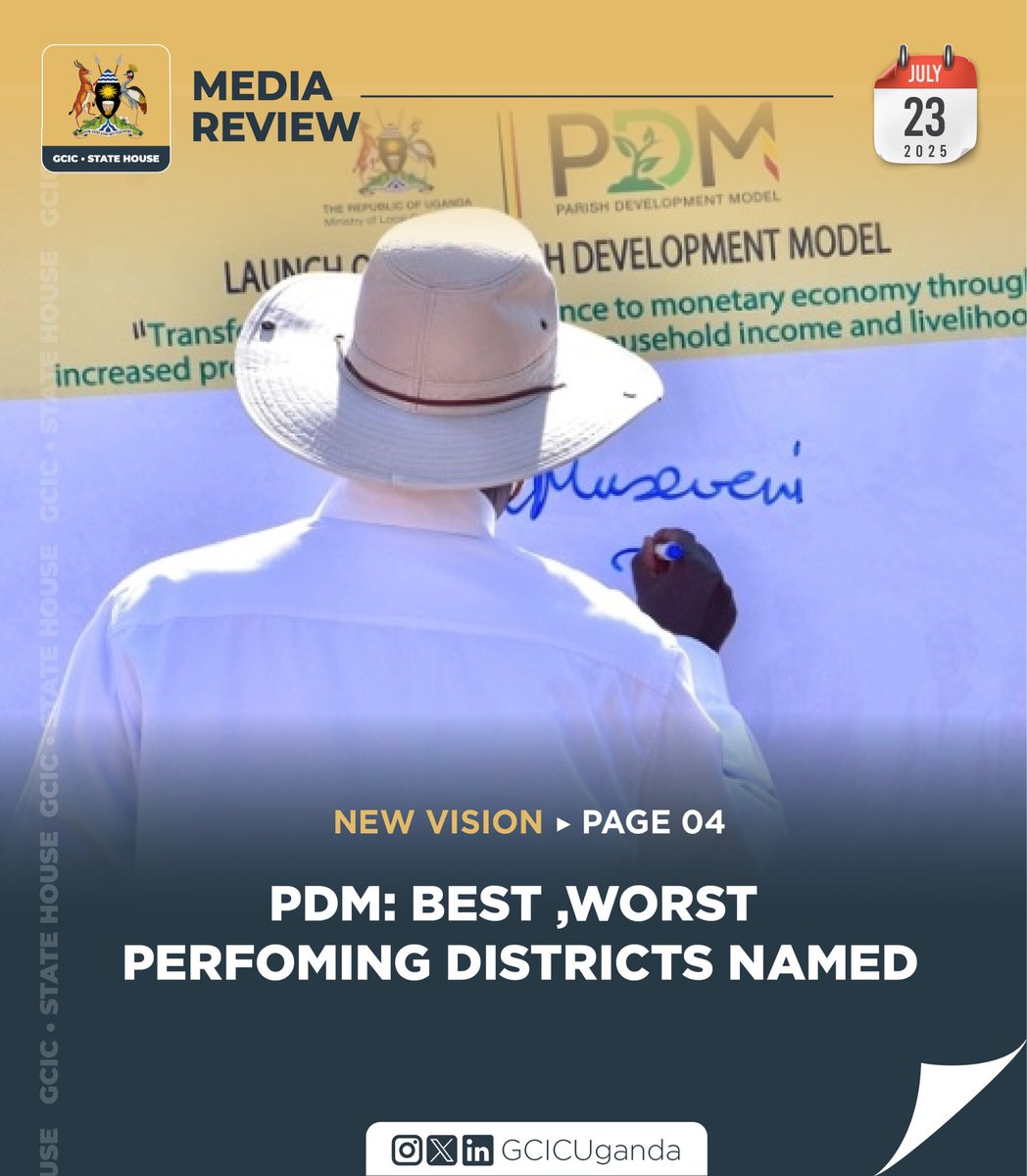 GovUganda's tweet image. An assessment of the Parish Development Model (PDM) performance has named Ntugamo and Rukungiri Municipal Councils, Amuru, Oyam and Kwania Districts as the best performing local governments.