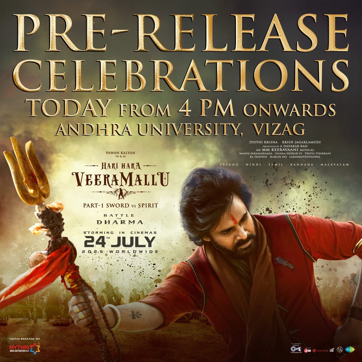 MythriRelease's tweet image. A storm of swords and slogans will erupt in VIZAG today ⚔️🔥
Pre Release Celebrations of #HariHaraVeeraMallu kicks off at Andhra University from 4PM onwards 🦅🦅
Watch live here👇
- youtube.com/live/IEBsoRivW…
Nizam release by @Mythrirelease
#HHVM
Powerstar @PawanKalyan…