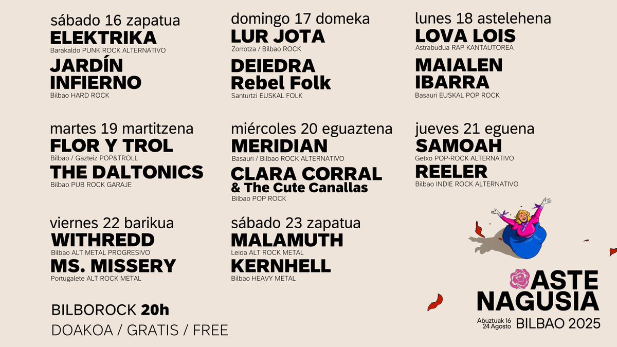 Muestra Bilbao Metal, Pop-Rock Erakustaldia (@metalpoprockan) on Twitter photo 🔴📣 OjO #LaMuestra #Bilbao METAL, POP-ROCK #AsteNagusia2025 20-22h Todos los días #Conciertos #Gratis en <a href="/Bilborockbilbao/">Bilborock</a> <a href="/bilbao_jaiak/">Bilbao Jaiak</a> 🎉👩🎤
🔴📣 Entzun! #LaMuestra METAL, POP-ROCK #AsteNagusia2025 #Bilbao 20-22h Egunero #Kontzertuak #Dohainik #Bilborock en <a href="/bilbao_jaiak/">Bilbao Jaiak</a> 🥳👨🎤 🔴📣 OjO #LaMuestra #Bilbao METAL, POP-ROCK #AsteNagusia2025 20-22h Todos los días #Conciertos #Gratis en <a href="/Bilborockbilbao/">Bilborock</a> <a href="/bilbao_jaiak/">Bilbao Jaiak</a> 🎉👩🎤
🔴📣 Entzun! #LaMuestra METAL, POP-ROCK #AsteNagusia2025 #Bilbao 20-22h Egunero #Kontzertuak #Dohainik #Bilborock en <a href="/bilbao_jaiak/">Bilbao Jaiak</a> 🥳👨🎤