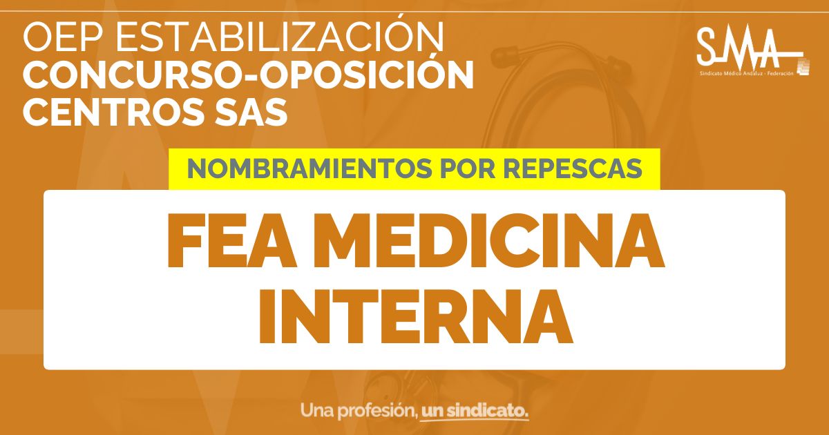 smandaluz's tweet image. 🟧 Nombramientos: Personal estatutario fijo 🟧
Proceso de Concurso-Oposición en Repesca. Centros SAS.
📌 FEA Medicina Interna
Más información en smandaluz.com/oep-estabiliza…
