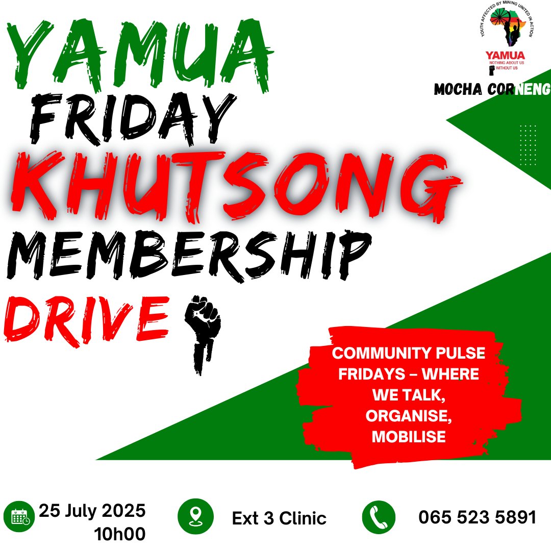 macua_sa's tweet image. The Khutsong YAMUA branch will be holding a membership drive this coming Friday. Join us for an opportunity to gain information about how mining affects your community and you as a young person in a mining host community. 

Details of the campaign are on the poster attached.…