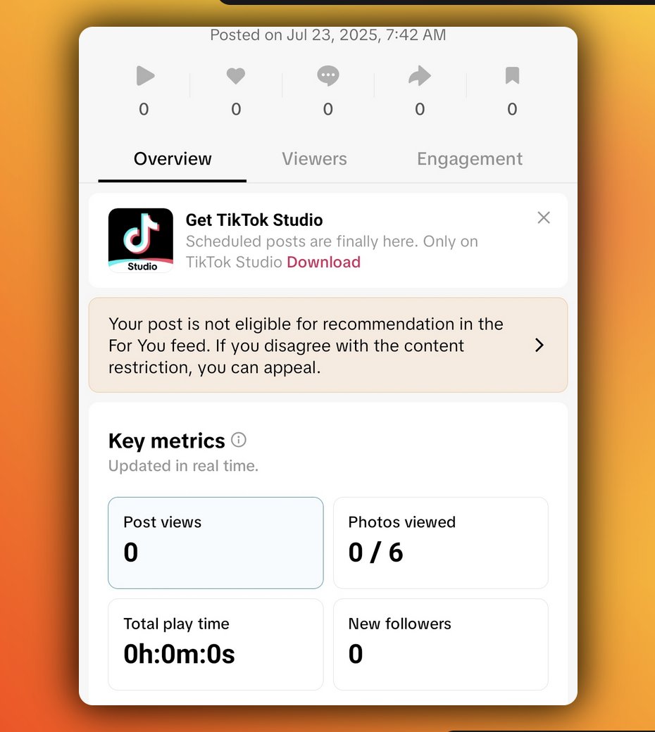 Code_Name_Moe's tweet image. TikTok really said &apos;not today&apos; 💀

Two videos in a row: 0 views

Analytics: flagged for &quot;dangerous activities and election integrity&quot; 🤡

Bro, it&apos;s literally the most wholesome content imaginable. Unless I start posting cute puppy videos.

Algorithm gonna algorithm I guess 🤷‍♂️