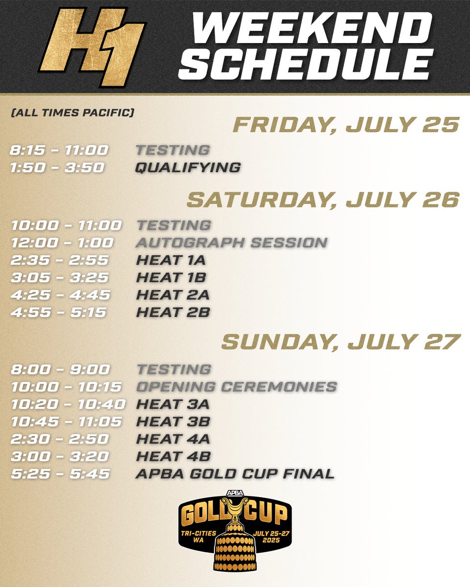 Schedule for this weekend's Apollo APBA Gold Cup in Tri-Cities, WA.
#H1Unlimited