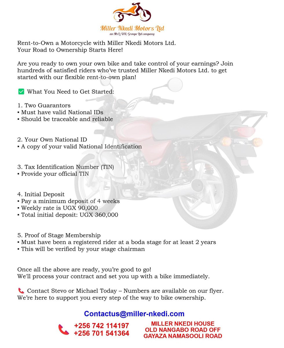 mbales_finest02's tweet image. Top G ! Own the Ride and Change Your Life.
Start your journey with just:
✅ National ID
✅ Passport photo
✅ UGX 90,000 weekly
✅ Commitment to your future
We don’t just give bikes; we build livelihoods.🫶👊
#millerNkediMotorsLtd
