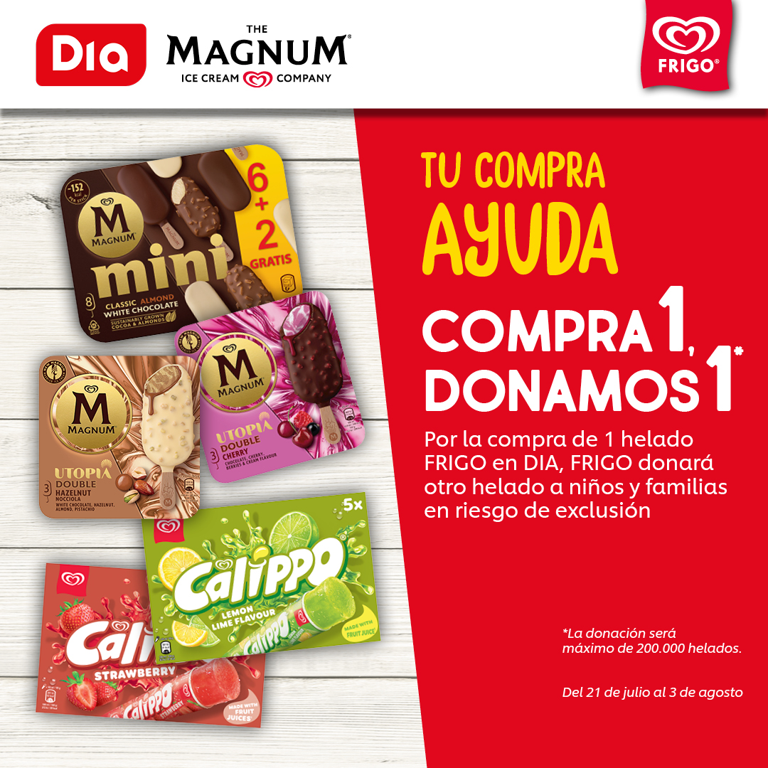DIA_Esp's tweet image. ¡Este verano no solo te refrescas tú!

Por cada helado @frigo_helados  que pillas en Dia, se dona otro a peques y familias que lo necesitan. Hasta 200.000 helados.

Buen plan, ¿no? Corre que es solo hasta el 13 de agosto.

dia.es/l/promociones-…