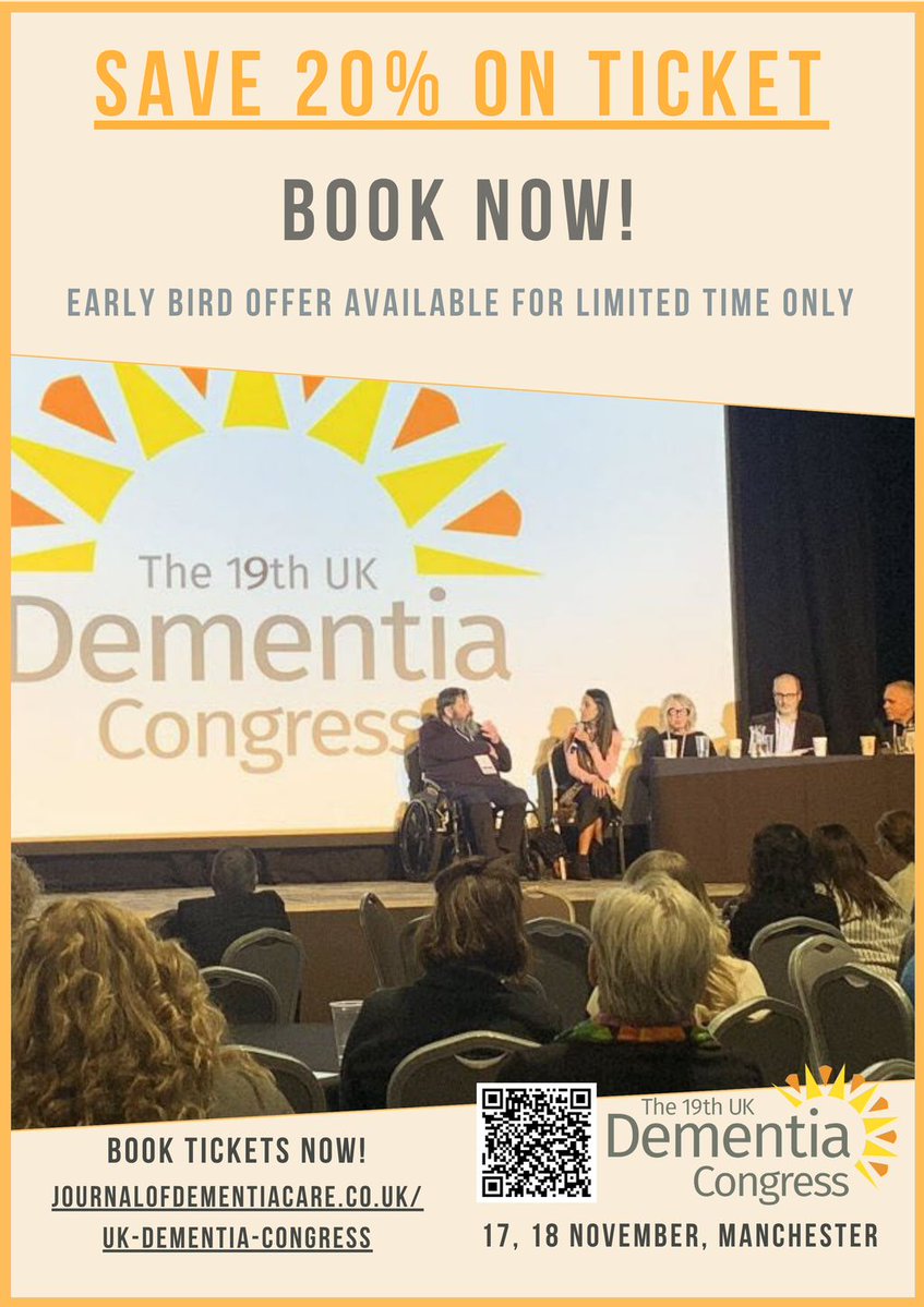 JDementiaCare's tweet image. 🎟️ SAVE 20% — That’s over £50 off a two-day ticket! 🎟️
Join us at the 19th UK Dementia Congress this 17–18 November in Manchester — and make the most of our early bird discount while it lasts.
📍 Manchester
📅 17–18 November
🔗 Book now: buff.ly/B2Po4iK