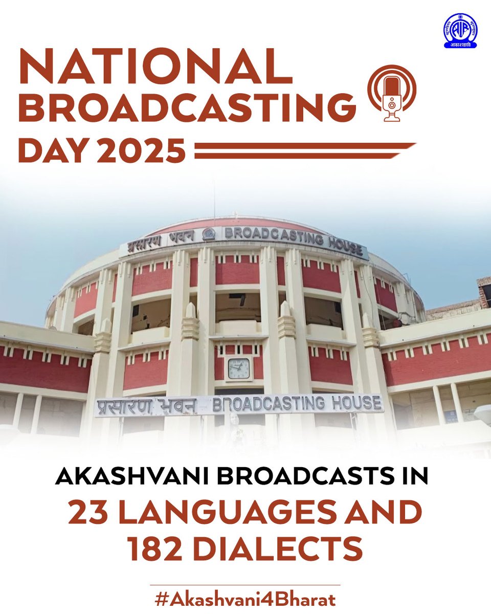 #NationalBroadcastingDay 📻✨

𝐁𝐫𝐨𝐚𝐝𝐜𝐚𝐬𝐭𝐢𝐧𝐠 𝐢𝐧 𝟐𝟑 𝐥𝐚𝐧𝐠𝐮𝐚𝐠𝐞𝐬 𝐚𝐧𝐝 𝟏𝟖𝟐 𝐝𝐢𝐚𝐥𝐞𝐜𝐭𝐬, Akashvani mirrors the diversity of our great nation. 🌍
Akashvani is…Bharat, On Air.

#Akashvani4Bharat <a href="/AkashvaniAIR/">Akashvani आकाशवाणी</a> <a href="/PIB_India/">PIB India</a> <a href="/MIB_India/">Ministry of Information and Broadcasting</a> #Akashvani #AIR