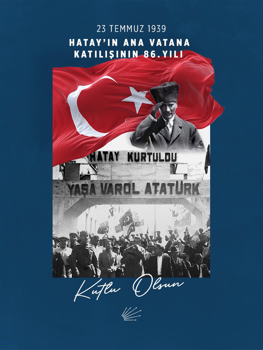 Hatay’ın ana vatana katılışının 86. yılını kutluyor; “Hatay benim şahsi meselemdir” diyen Gazi Mustafa Kemal Atatürk’ü, Hatay Cumhurbaşkanı Tayfur Sökmen’i ve tüm kahramanlarımızı saygı, rahmet ve minnetle anıyoruz.