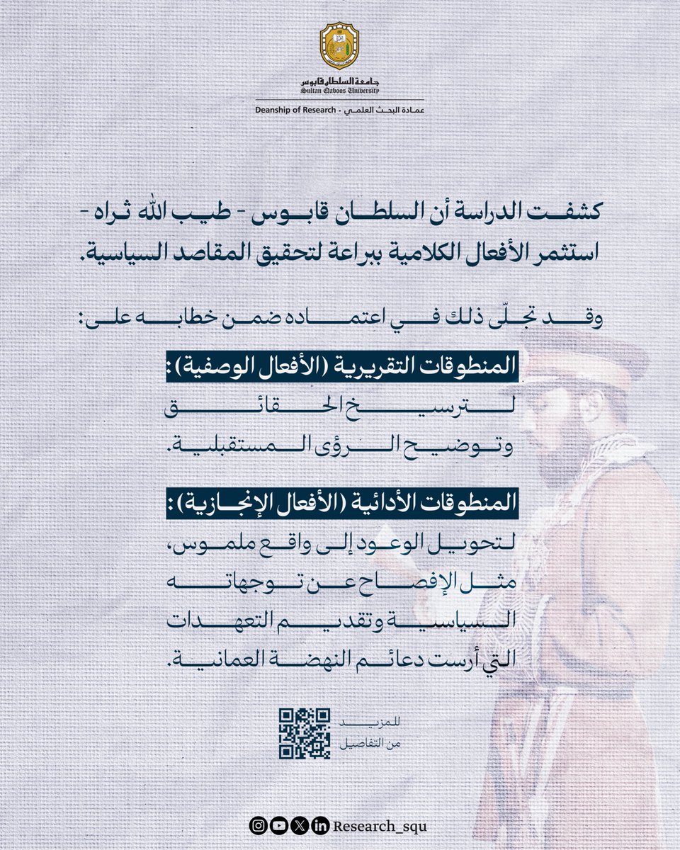 Research_SQU's tweet image. "أيها الشعب: سأعمل بأسرع ما يمكن؛ لجعلكم تعيشون سعداء من أجل مستقبل أفضل".
دراسة علمية تكشف كيف استثمر السلطان قابوس بن سعيد -طيّب الله ثراه- الأفعال الكلامية لتحريك شعبه نحو الإنجاز والتغيير
shuaa.om/ar/dar/alafal-…
#نبحث_للغد
#جامعة_السلطان_قابوس