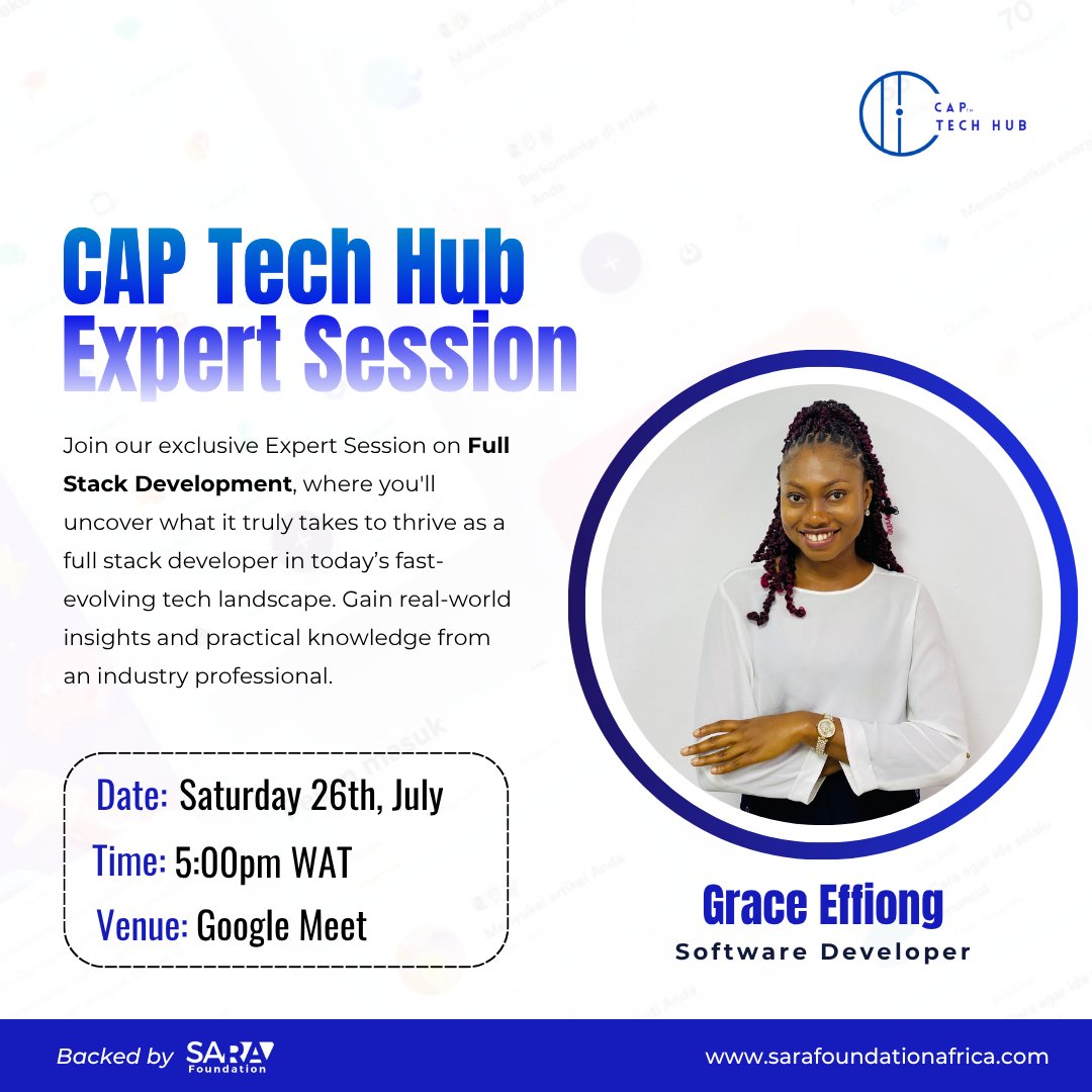 Sarafoundations's tweet image. Want to thrive as a full stack dev?

Join us this Saturday, July 26 at 5PM WAT for a session with Software Developer Grace Effiong as she shares real-world tips &amp;amp; insights!

📍 Google Meet
🔗 meet.google.com/wts-czcm-xza

#CAPTechHub #FullStackDev #WomenInTech #SaraFoundation