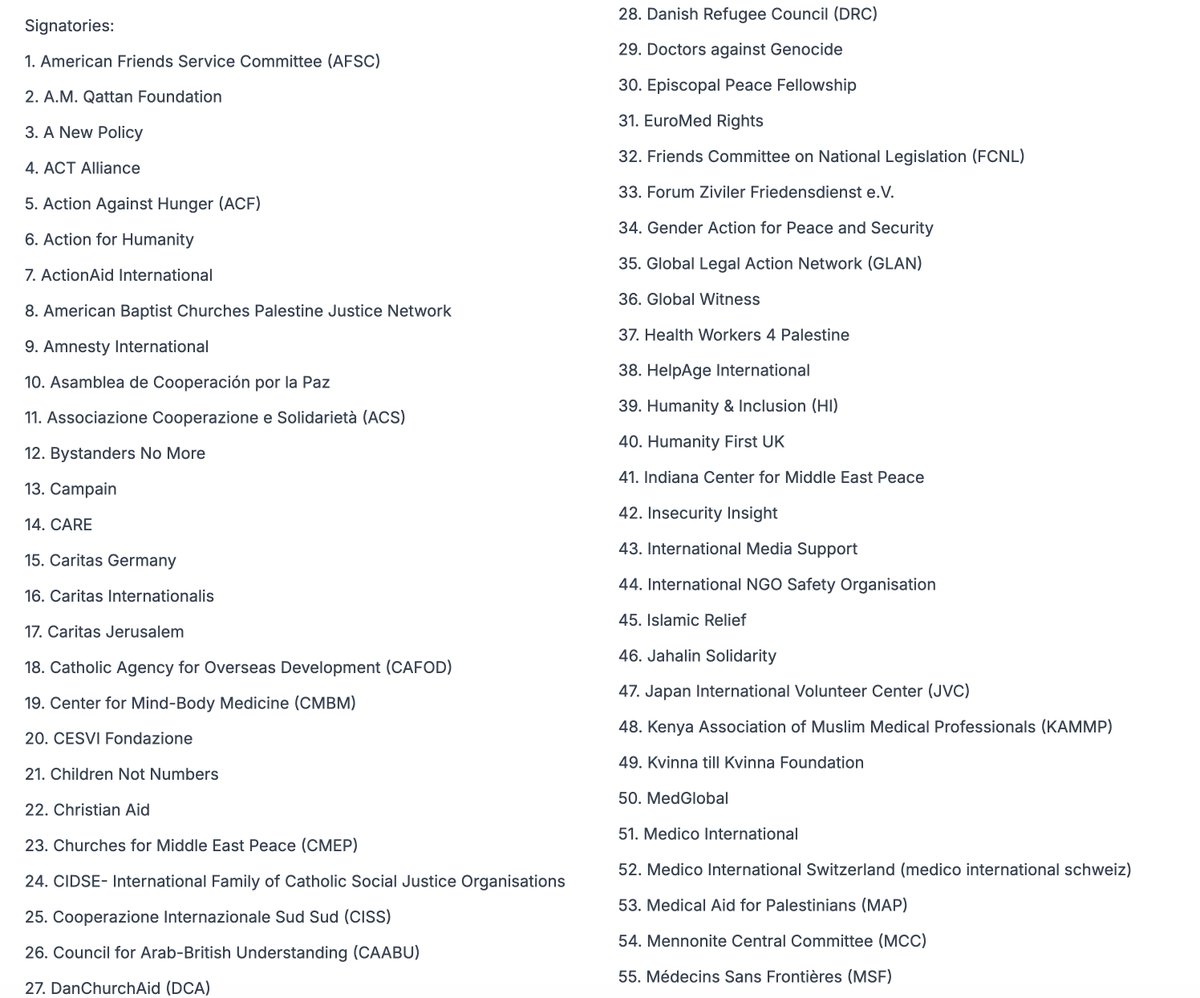 zesqyb's tweet image. ⚡️ Over 100 global humanitarian organizations issue joint statement demanding governments around the world immediately open all Gaza crossings, restore full UN-led aid access, and agree to an immediate ceasefire.
Full statement (signatories in screenshot):
As mass starvation…