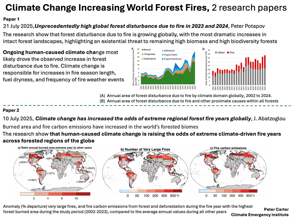 PCarterClimate's tweet image. CLIMATE CHANGE INCREASING WORLD FOREST FIRES
Two July 2025 research papers show climate change is increasing global forest fires. World's largest- Boreal Forest fires are increasing. This weakens the land carbon sink. Also CO2 emissions from forest fires is increasing.…