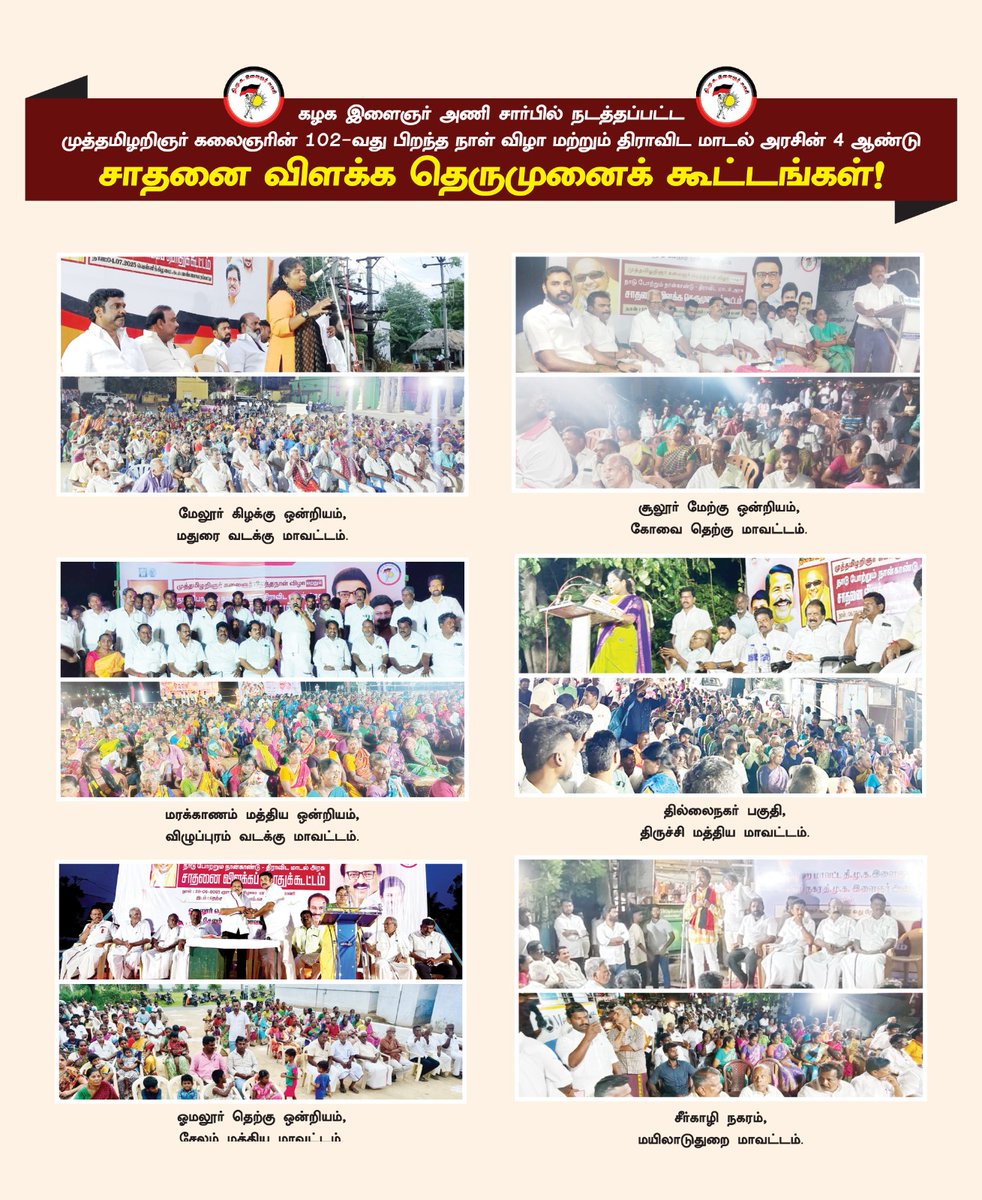 DMK Youth Wing (@dmk_youthwing) on Twitter photo முத்தமிழறிஞர் கலைஞர் அவர்களின் 102-வது பிறந்தநாள் விழா மற்றும் கழகத் தலைவர் - மாண்புமிகு தமிழ்நாடு முதலமைச்சர் <a href="/mkstalin/">M.K.Stalin</a> அவர்கள் தலைமையிலான #திராவிடமாடல் அரசின் சாதனைகளை விளக்கி, இளைஞர் அணி சார்பில் தமிழ்நாடு முழுவதும் நடைபெற்று வரும் தெருமுனைக்கூட்டங்களின் புகைப்படத் தொகுப்பு! முத்தமிழறிஞர் கலைஞர் அவர்களின் 102-வது பிறந்தநாள் விழா மற்றும் கழகத் தலைவர் - மாண்புமிகு தமிழ்நாடு முதலமைச்சர் <a href="/mkstalin/">M.K.Stalin</a> அவர்கள் தலைமையிலான #திராவிடமாடல் அரசின் சாதனைகளை விளக்கி, இளைஞர் அணி சார்பில் தமிழ்நாடு முழுவதும் நடைபெற்று வரும் தெருமுனைக்கூட்டங்களின் புகைப்படத் தொகுப்பு!