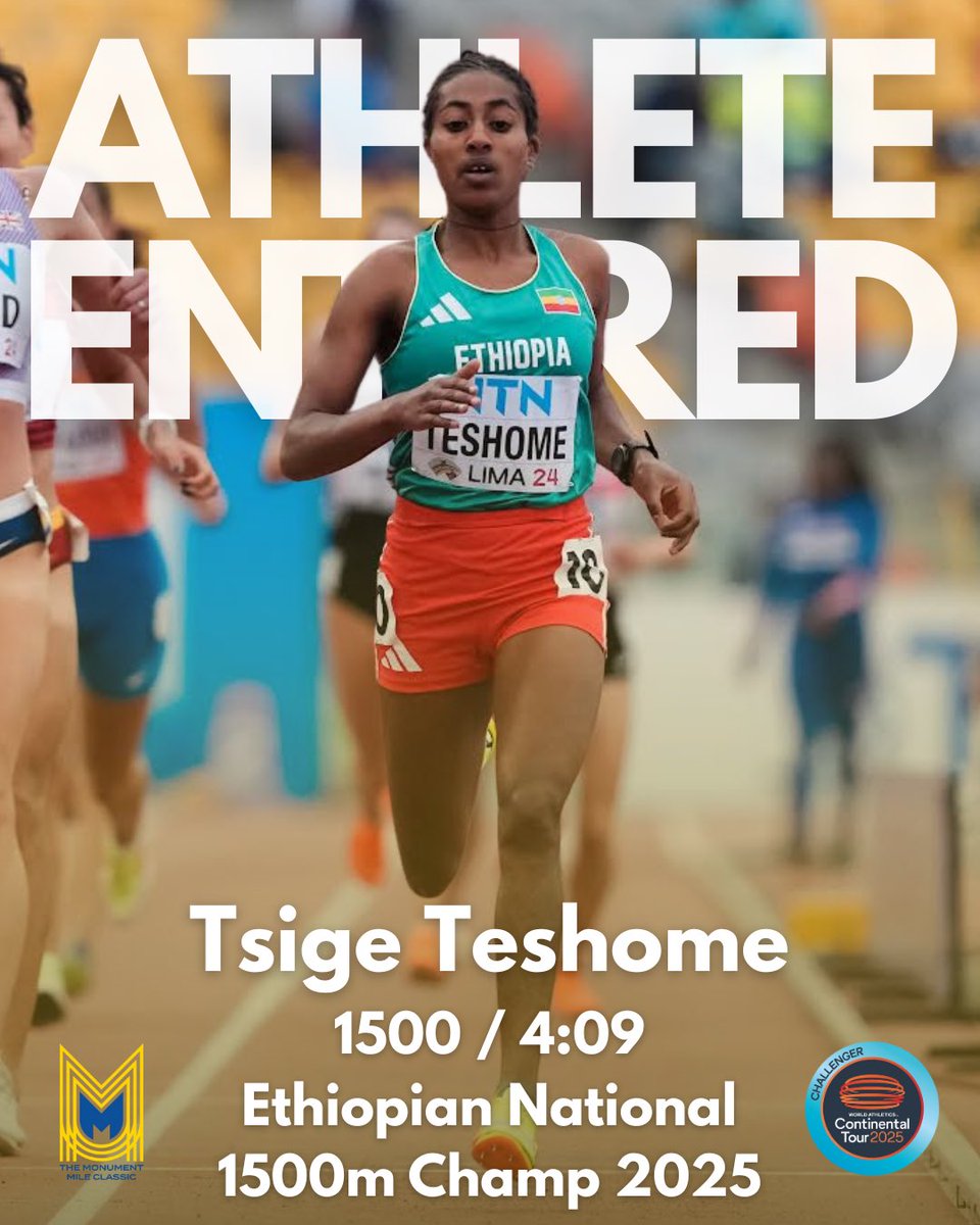 Anyone know the Ethiopian word for fast? 🇪🇹 🇪🇹 🇪🇹 

Introducing Tsige Teshome of Ethiopia to our start line. 

Her achievements speak for themselves.

1500m PB of 4:09
World U20 1500m Finalist in 2024
Ethiopian National Champion for 1500m in 2025

🔥

Bring the Flames