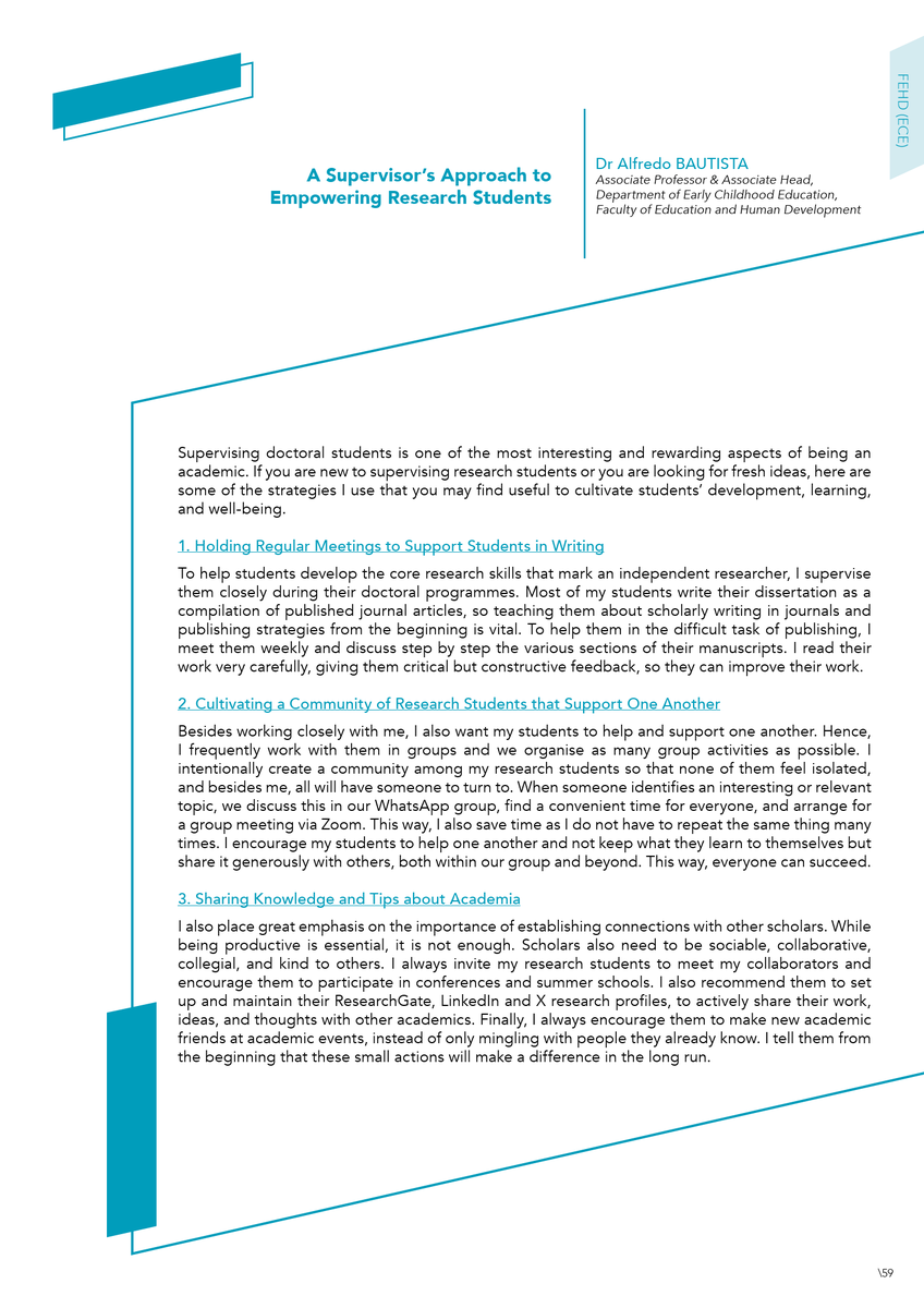ECE_EdUHK's tweet image. "Supervising doctoral students is one of the most rewarding aspects of academia," says Dr. Alfredo Bautista (@Dr_A_Bautista). Discover his five approaches to academic advising in the latest issue of the EdUHK Learning and Teaching Newsletter: eduhk.hk/lt-newsletter/… #ECE #EdUHK