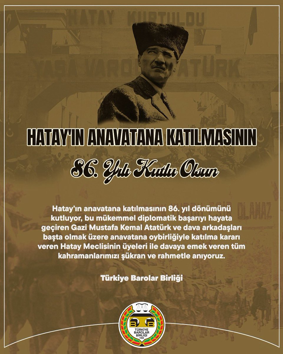 Hatay'ın Anavatana Katılmasının 86. Yılı Kutlu Olsun

Hatay'ın anavatana katılmasının 86. yıl dönümünü kutluyor, bu mükemmel diplomatik başarıyı hayata geçiren Gazi Mustafa Kemal Atatürk ve dava arkadaşları başta olmak üzere anavatana oybirliğiyle katılma kararı veren Hatay