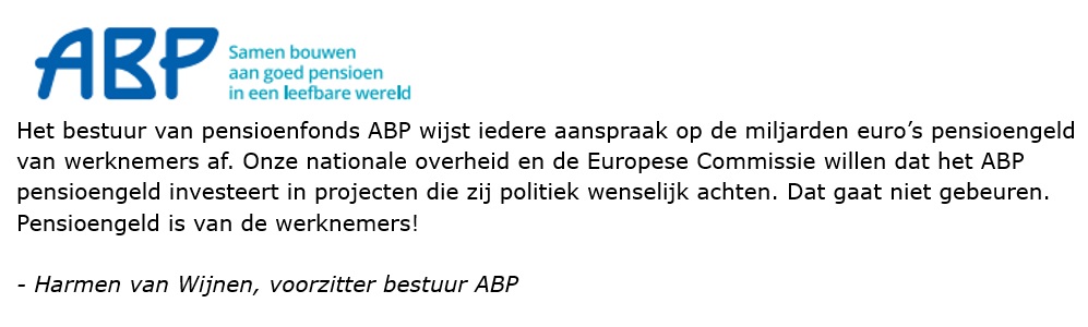 frans_nijhof's tweet image. Waarom staat dit bericht niet op de website van pensioenfonds ABP? Europese Commissie (Hoekstra, CDA) wil dat de pensioenfondsen de miljarden euro's pensioengeld (=werknemersgeld) investeren in klimaat.