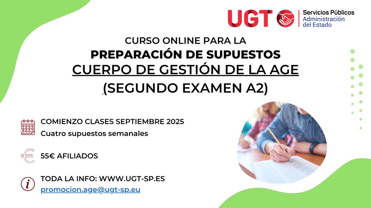 ugtaeat's tweet image. ‼️ CURSO ONLINE - Cuerpo de Gestión de la AGE (segundo examen A2)
📢 Curso online para la preparación de supuestos del segundo examen para el Cuerpo de Gestión de la AGE.
📆 Comienzo: septiembre 2025.
💲 55€/mes afiliados.
👉🏼 Toda la info: ugt-sp.es/curso-online-p…