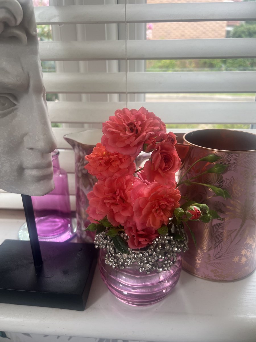 Trinkle96619465's tweet image. #WhatsInYourVaseOnRoseWednesday ๐ A ring of roses..my small climbing rose damaged by the wind.