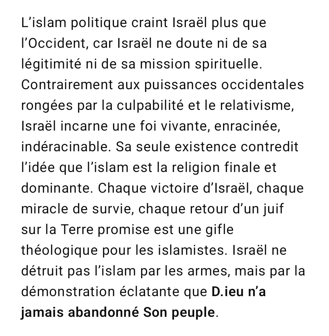 ActuPolitiqueN's tweet image. Israël est le seul peuple qui tétanise les islamistes religieusement. Chaque succès d'Israël fait douter les islamistes sur la véracité de leur dogme d'où la haine. Plus les islamistes deviennent hystériques face à Israël plus la fin de cette idéologie prophane est proche...