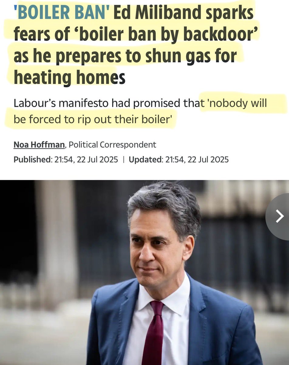 Artemisfornow's tweet image. NET ZERO - Sneaky.. whilst Parliament is shut Ed Miliband will effectively pull the plug on gas heating into homes in the future, in a back door policy banning alternatives like bio gas.
This would make gas boilers redundant, he won’t ban them, they just won’t work and will be…