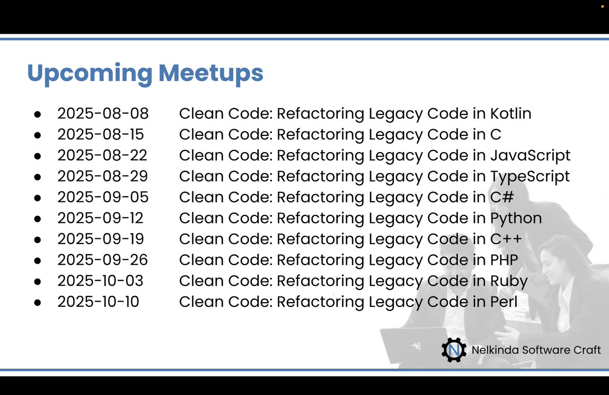 nelkinda's tweet image. Missed our last session because you're not a Java developer? 😅
Don’t worry—we’ve got you covered.
Same legacy mess, new language every week! 💻🧹
Stay tuned for the registration link.
#CleanCode #Refactoring #XP #LegacyCode #SoftwareCraft
