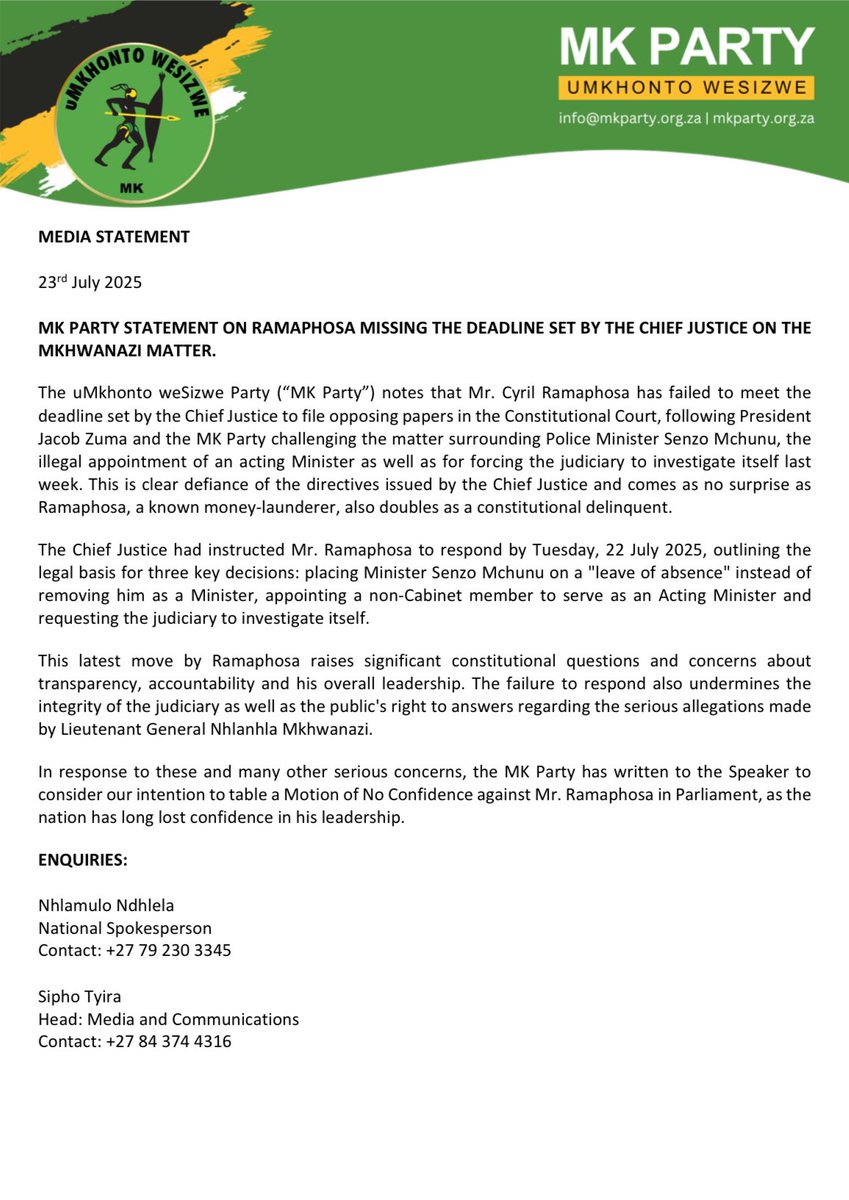 MKPartyy's tweet image. MK PARTY STATEMENT ON RAMAPHOSA MISSING THE DEADLINE SET BY THE CHIEF JUSTICE ON THE MKHWANAZI MATTER.