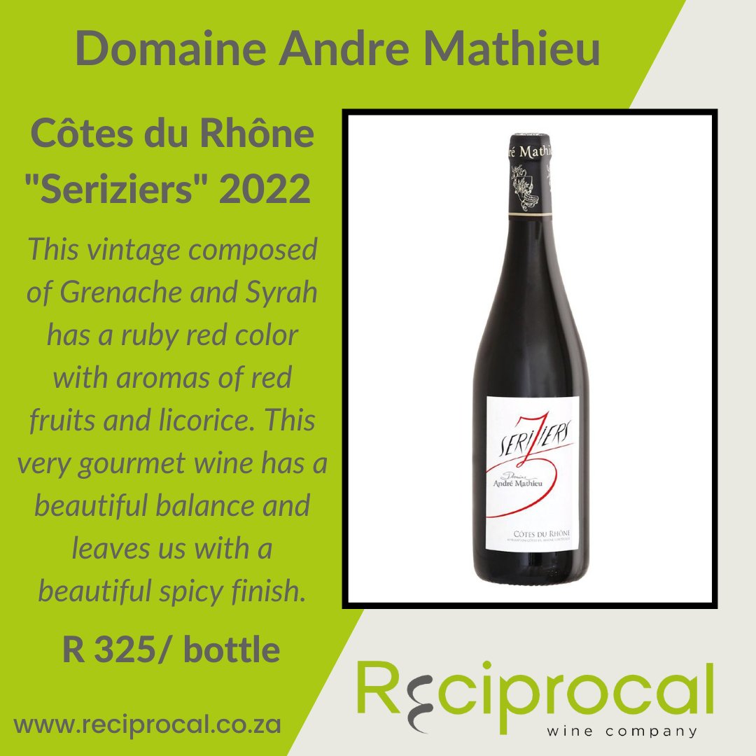 WINE WEDNESDAY

Our featured wine this week is the Domaine Andre Mathieu Cotes du Rhône 2022.

View the wine on our website --> reciprocal.co.za/products/seriz…

#reciprocalwines #itsreciprocal #winewednesday #domaineandremathieu #chateauneufdupape